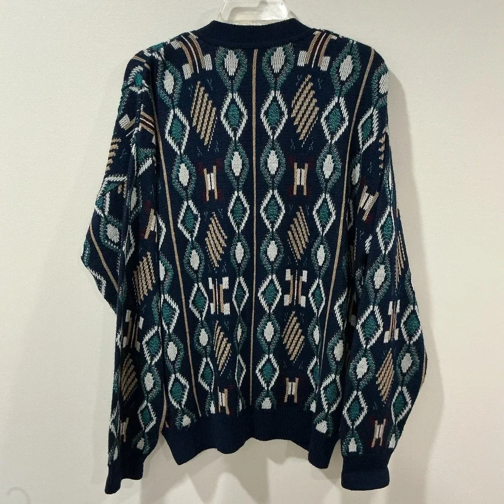 Vintage‎ Jantzen Cardigan Sweater Men Large Blue Beige Knit Grandpacore Academia